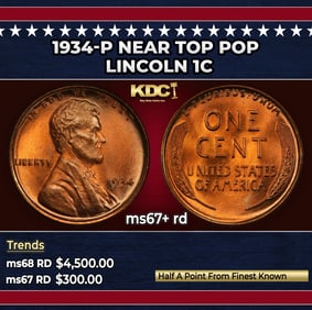 1934-p Lincoln Cent Near Top Pop 1c ms67+ rd SEGS