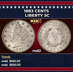 1883 CENTS Liberty Nickel 5c Grades ms62