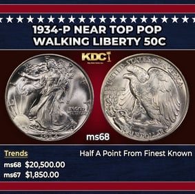 1934-p Walking Liberty Half Dollar Near Top Pop 50c ms68 SEGS
