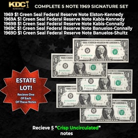 Complete 1969 $1 Green Seal Federal Reserve Note Signature Set 1969, 1969A, 1969B, 1969C, 1969D