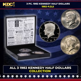 Complete 3 PC. 1982 Kennedy Half Dollar 50c set In Custom Box W/ Special Backer Card BU & Proof