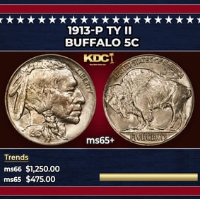 1913-p Ty II Buffalo Nickel 5c Grades ms65+