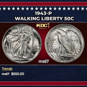 1943-p Walking Liberty Half Dollar 50c ms67 SEGS