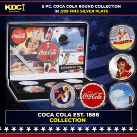 5 Coin Classic Coca-Cola Silver Plated Round Collection In Custom Box W/ Special Backer card