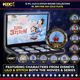 10 PC. Disney Lilo & Stitch Gold Plated Round Collection In Custom Box W/ Special Backer card