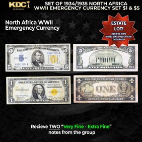 Set of 1934/1935 North Africa WWII Emergency Currency Set $1 & $5 Grades VF/XF