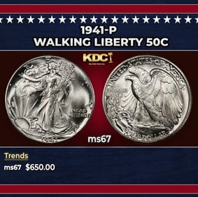 1941-p Walking Liberty Half Dollar 50c ms67 SEGS