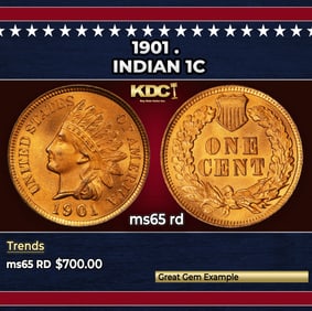 1901 Indian Cent . 1c Grades ms65 rd