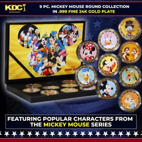 9 Coin Mickey Mouse & Friends Gold Plated Round Collection In Custom Box W/ Special Backer card