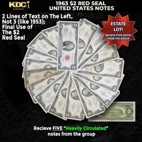 5x 1963 $2 Red Seal United States Note Heavily Circulated