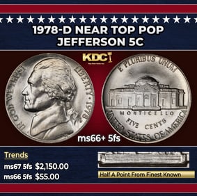 1978-d Jefferson Nickel Near Top Pop 5c ms66+ 5fs SEGS