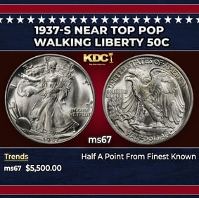 1937-s Walking Liberty Half Dollar Near Top Pop 50c ms67 SEGS