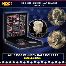 Complete 3 PC. 1990 Kennedy Half Dollar 50c set In Custom Box W/ Special Backer Card BU & Proof