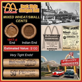 Lincoln Wheat Cent 1c Mixed Roll Orig Brandt McDonalds Wrapper, 1917-d end, Indian other end