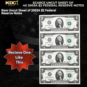Scarce Uncut Sheet of 4x 2003A $2 Federal Reserve Notes