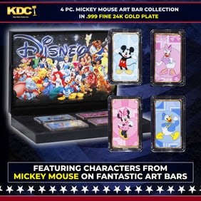 4 PC. Mickey Mouse Gold Plated Art Bar Collection In Custom Box W/ Special Backer card