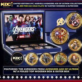 Limited Edition 8 Coin Marvel Avengers Age of Ultron Gold Plated Collection In Custom WOODEN Box W/