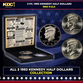 Complete 3 PC. 1993 Kennedy Half Dollar 50c set In Custom Box W/ Special Backer Card BU & Proof