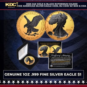 2025 24K Gold & Black Ruthenium Gilded 1oz American Silver Eagle Coin, BU Coin w/ Box & COA Other