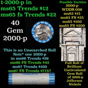 BU Shotgun Jefferson 5c roll, 2000-p 40 pcs Bank $2 Nickel Wrapper