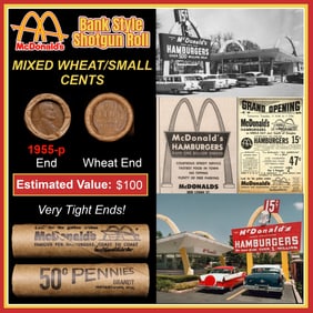 Lincoln Wheat Cent 1c Mixed Roll Orig Brandt McDonalds Wrapper, 1955-p end, Wheat other end