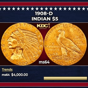 1908-d Gold Indian Half Eagle $5 ms64 USCG