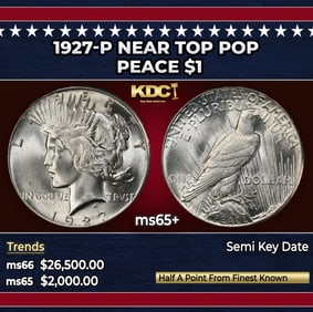 1927-p Peace Dollar Near Top Pop $1 ms65+ SEGS