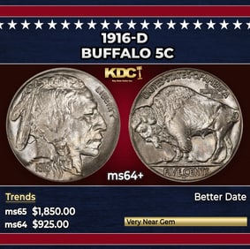 1916-d Buffalo Nickel 5c ms64+ SEGS