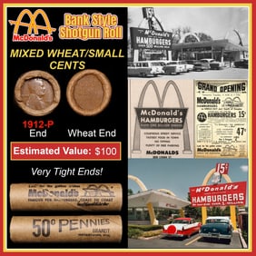 Lincoln Wheat Cent 1c Mixed Roll Orig Brandt McDonalds Wrapper, 1912-p end, Wheat other end