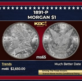 1891-p Morgan Dollar $1 Grades ms65 SEGS