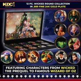 12 Coin Wicked Wizard of Oz Gold Plated Round Collection In Custom Box W/ Special Backer card