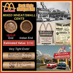 Lincoln Wheat Cent 1c Mixed Roll Orig Brandt McDonalds Wrapper, 1912-p end, Indian other end