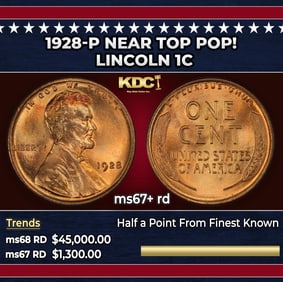 1928-p Lincoln Cent Near Top Pop! 1c ms67+ rd SEGS