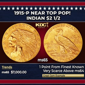 1915-p Gold Indian Quarter Eagle Near Top Pop! $2 1/2 ms65 SEGS