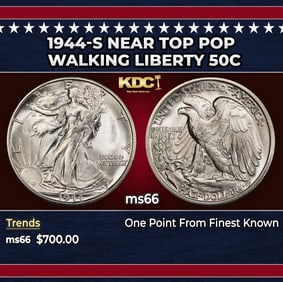 1944-s Walking Liberty Half Dollar Near Top Pop 50c Grades ms66