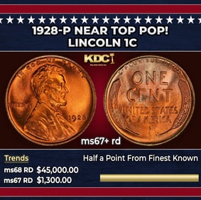 1928-p Lincoln Cent Near Top Pop! 1c ms67+ rd SEGS