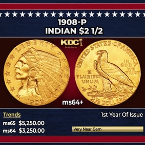 1908-p Gold Indian Quarter Eagle $2 1/2 ms64+ SEGS
