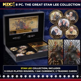 The Great Stan Lee Tribute Collection 5 Gold Plated Rounds, 1 24K Gold Banknote, & 2 Trading Cards