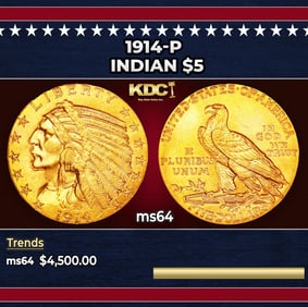 1914-p Gold Indian Half Eagle $5 ms64 USCG