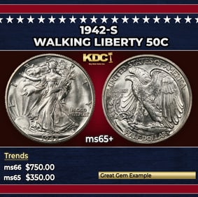 1942-s Walking Liberty Half Dollar 50c Grades ms65+