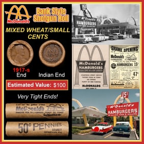 Lincoln Wheat Cent 1c Mixed Roll Orig Brandt McDonalds Wrapper, 1917-s end, Indian other end