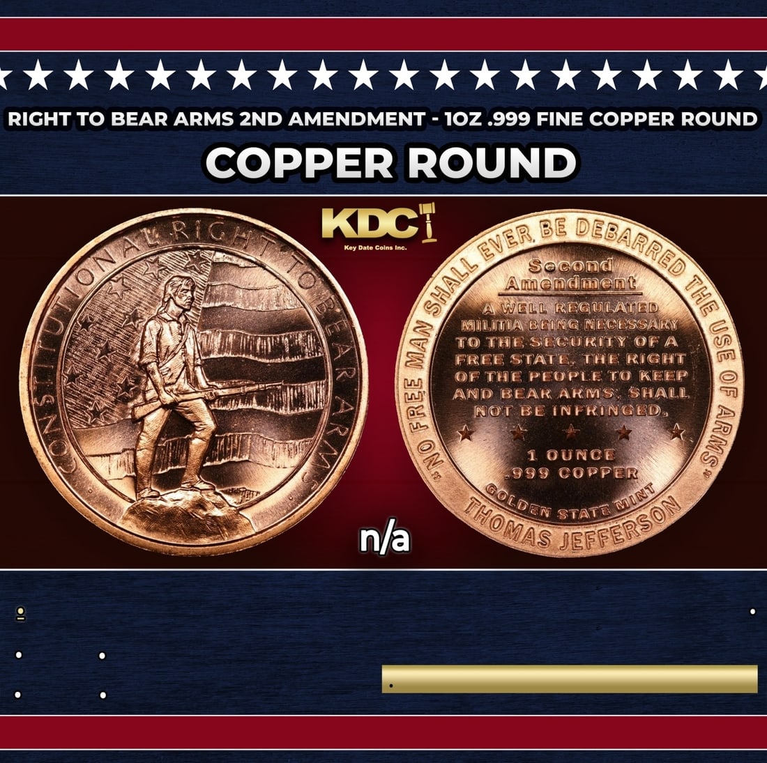 Right To Bear Arms 2nd Amendment - 1oz .999 Fine Copper Round: Right To Bear Arms 2nd Amendment - 1oz .999 Fine Copper Round.