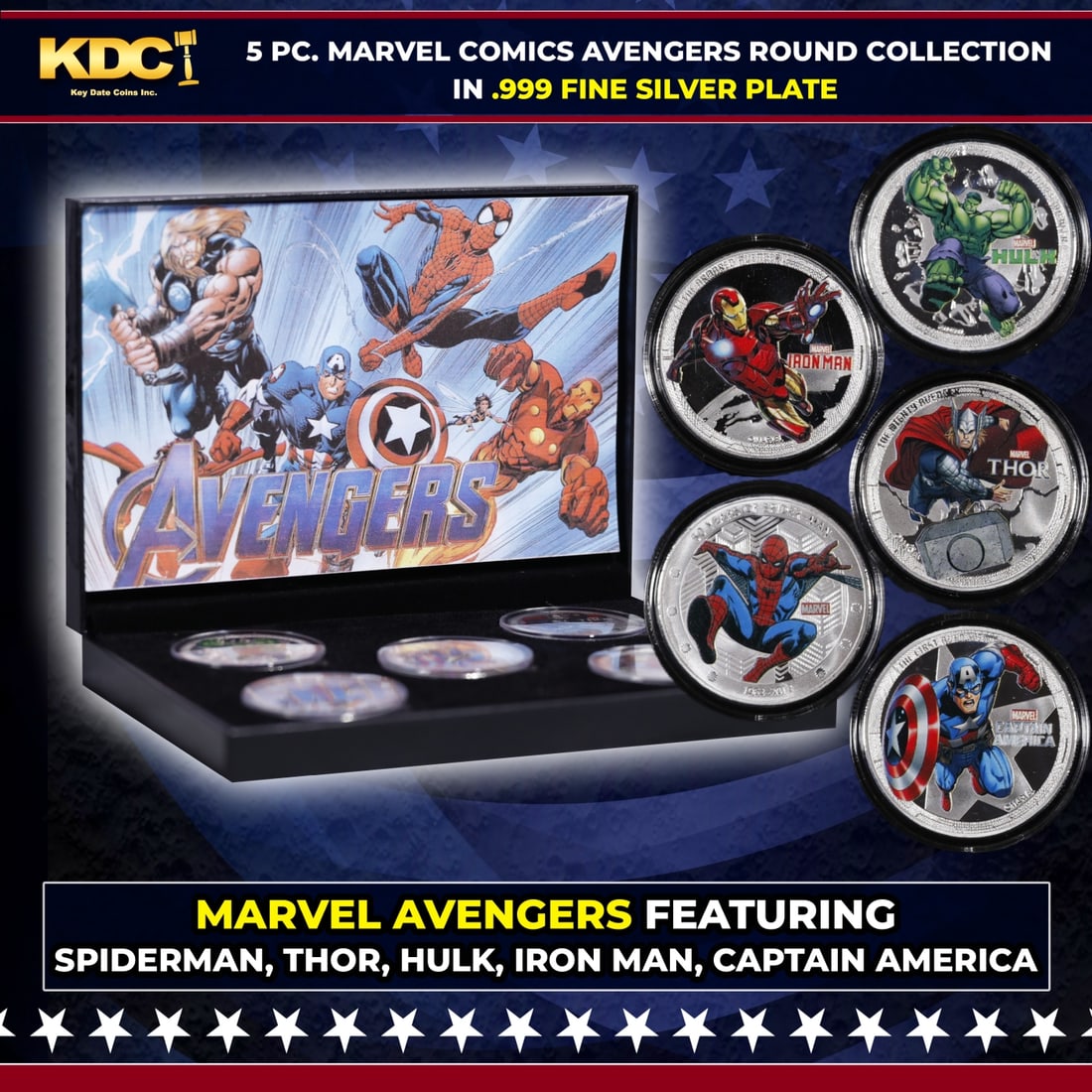 5 Coin Marvel Disney Avengers Silver Plated Round Collection Spider-Man, Hulk, Captain America, (1 of 7)