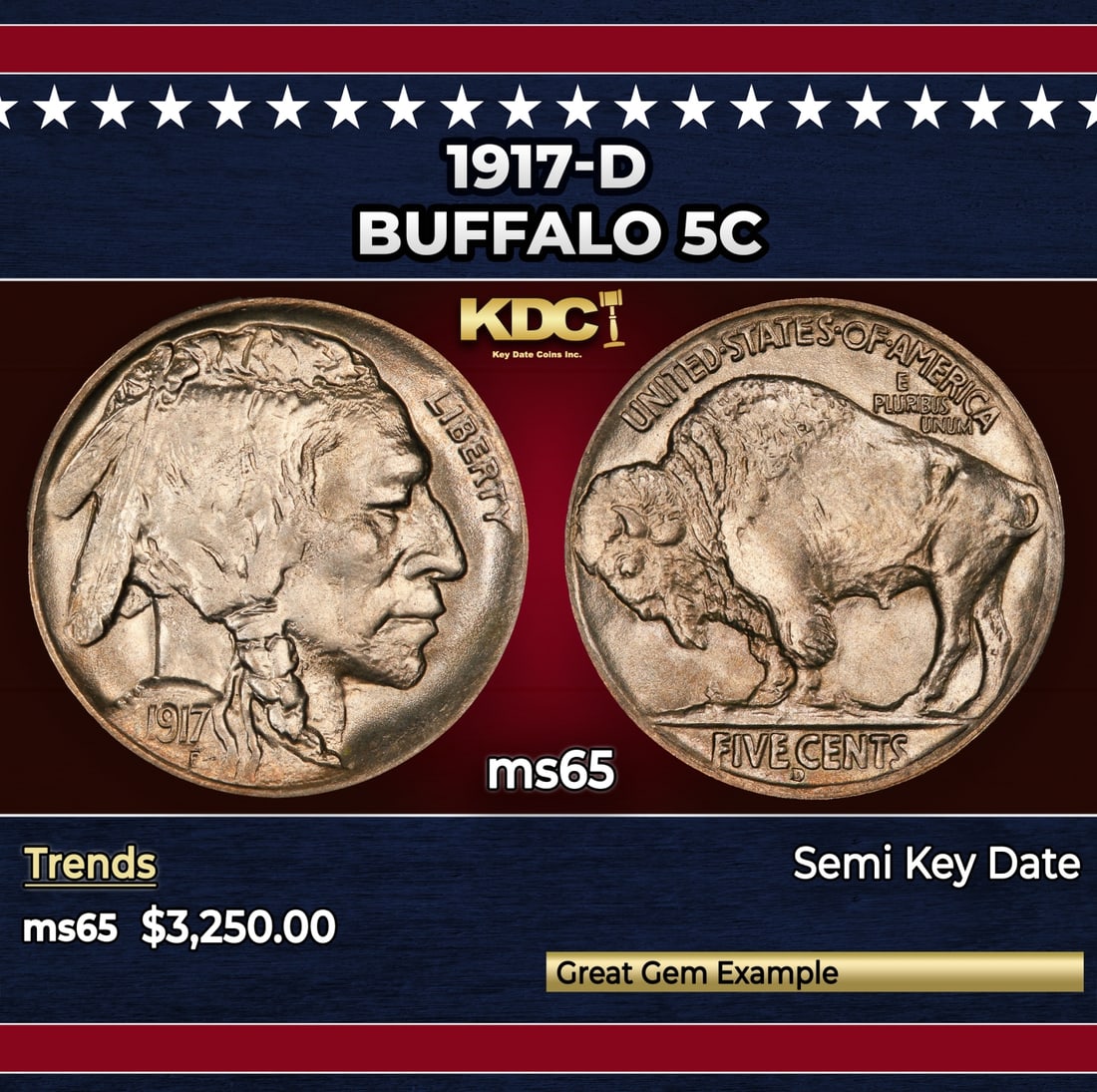 1917-d Buffalo Nickel 5c ms65 SEGS (1 of 3)