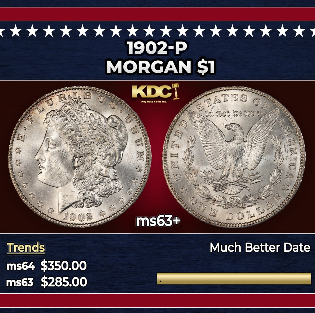 1902-p Morgan Dollar $1 Grades ms63+ (1 of 3)