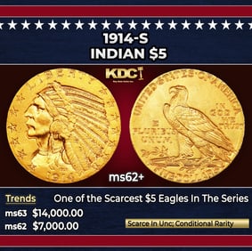 1914-s Gold Indian Half Eagle $5 ms62+ USCG