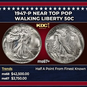 1947-p Walking Liberty Half Dollar Near Top Pop 50c ms67+ SEGS