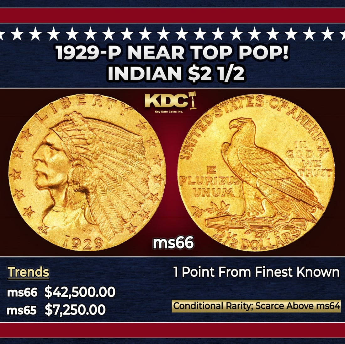 1929-p Gold Indian Quarter Eagle Near Top Pop! $2 1/2 ms66 SEGS: 1929-p Near Top Pop! Gold Indian Quarter Eagle $2 1/2 ms66 SEGS. Per David Akers Of PCGS "This is an unusual issue in that it is easy to find in MS-63 or lower condition but surprisingly difficult to