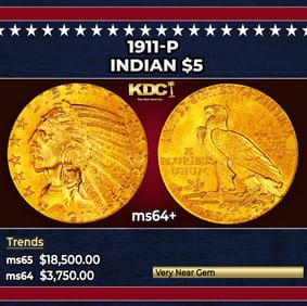 1911-p Gold Indian Half Eagle $5 ms64+ USCG