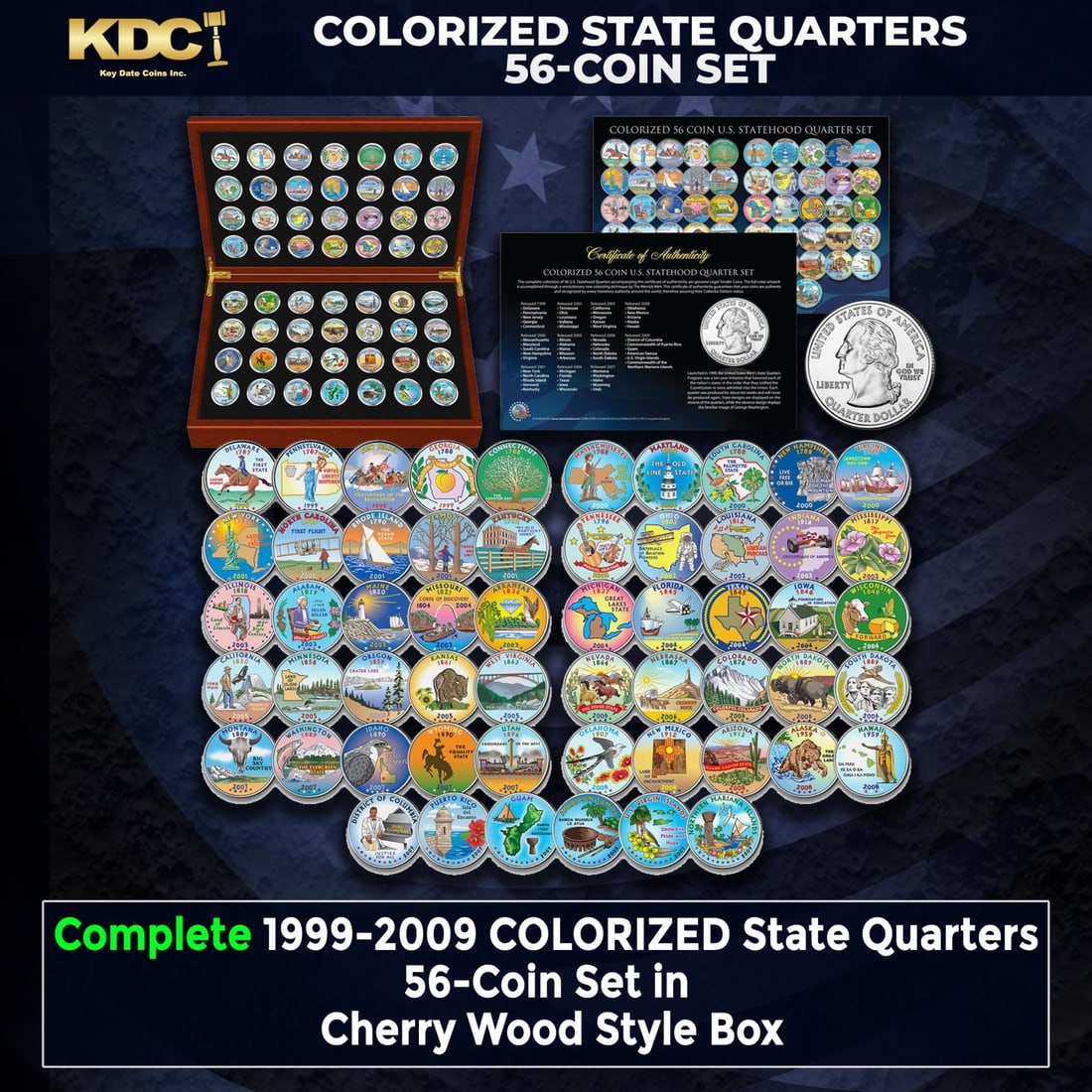 Complete 1999-2009 COLORIZED State Quarters 56-Coin Set in Cherry Wood Style Box Other Toy (1 of 3)